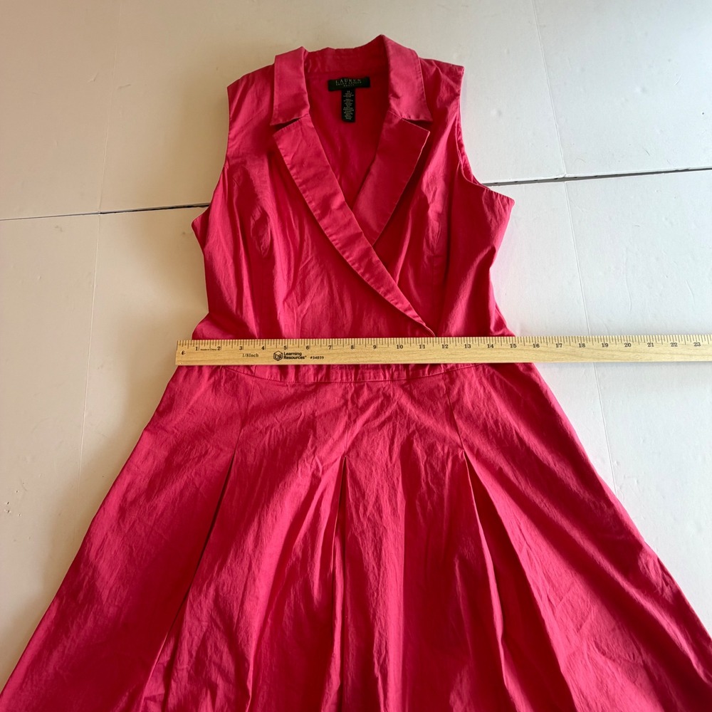 Lauren Ralph Lauren Pink Sleeveless Fit Flare Midi Dress Size 14 Cotton Surplice - Picture 5 of 7